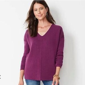 J. Jill Seamed V-neck Cotton Blend Pullover Sweater - Magenta - Size Medium
